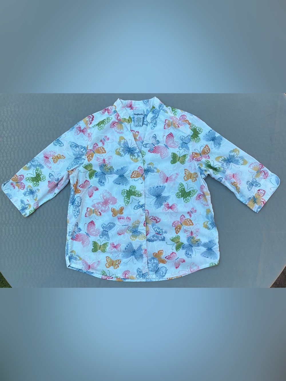 BonWorth White Button-Front Top with Multicolor Butterfly Print
